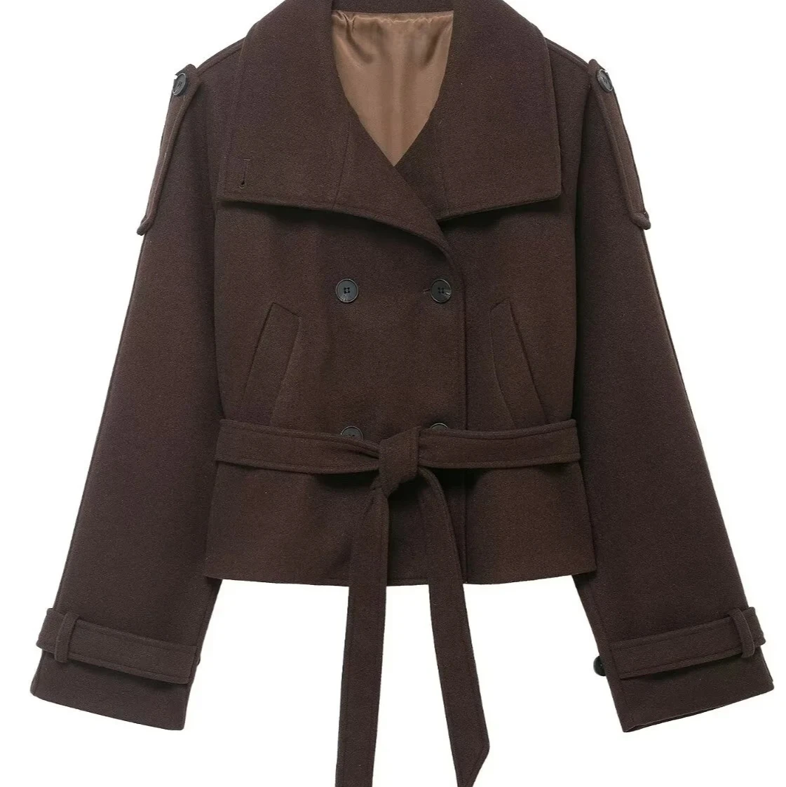 Women's Casual Fashion Simple Stand Collar Long Sleeve Double Breasted Short Wool Coat with Belt Warm Elegant Autumn Winter Oute