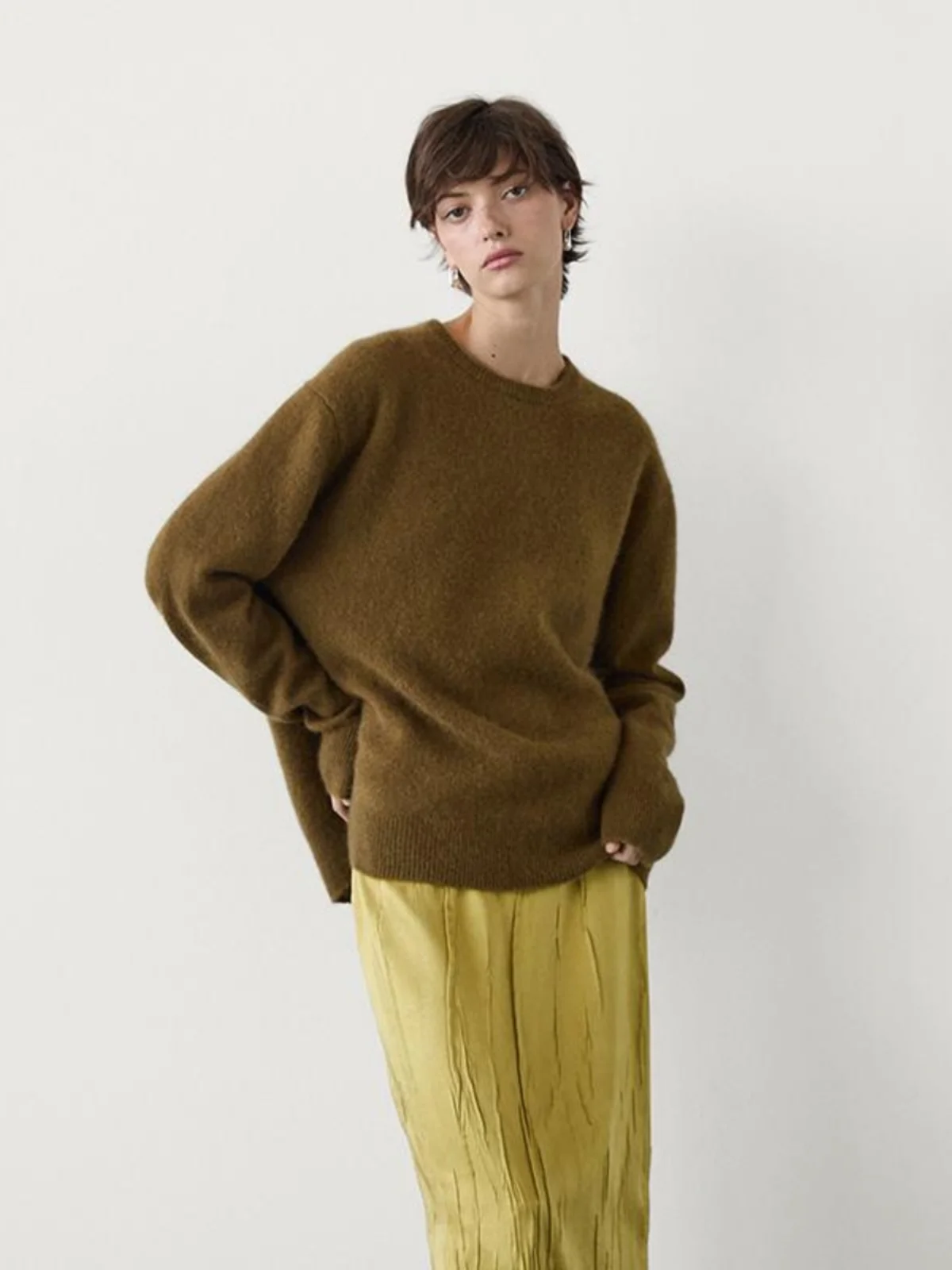 

Свободный вязаный свитер из смесовой шерсти оливкового цвета, новый, осенне-зимний, женский, повседневный, для работы, длинный рукав