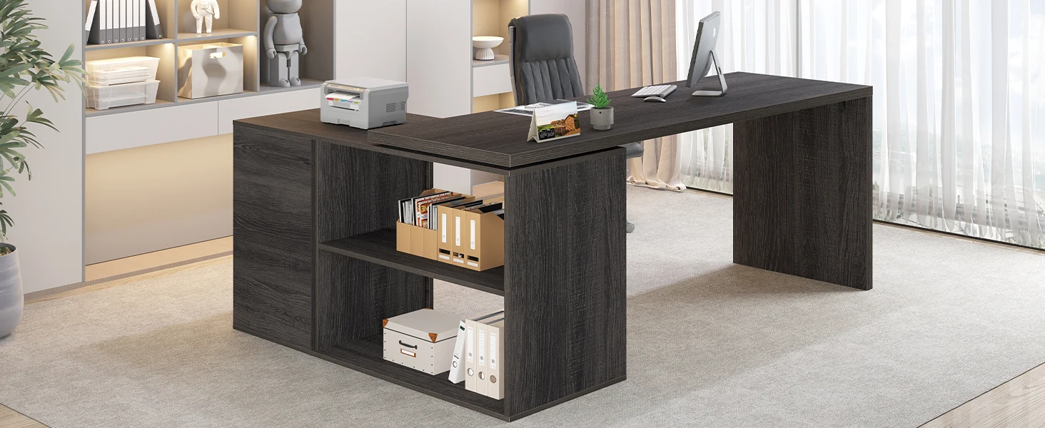 HSH L Shaped Computer Desk with Drawers, L Shaped Desk with Storage Cabinet Shelves