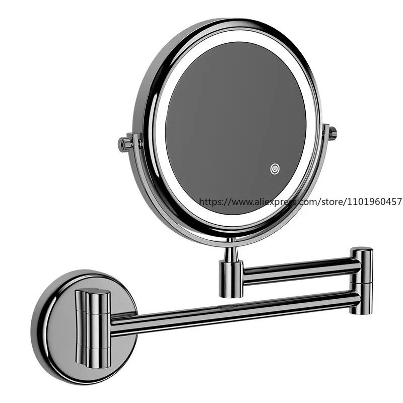 กระจกแต่งหน้าติดผนังแบบพับได้สำหรับห้องน้ำ โรงแรม ไม่ต้องเจาะผนัง กระจกสองด้านพร้อมไฟ LED ขยายภาพ กระจกแต่งหน้าสำหรับร้านเสริมสวย