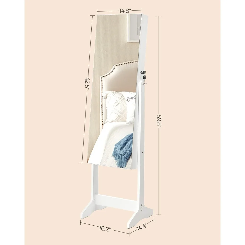 Vrijstaande sieradenkast met slot, volledige spiegel en cosmetische opbergorganisator voor kettingen en oorbellen - Wit