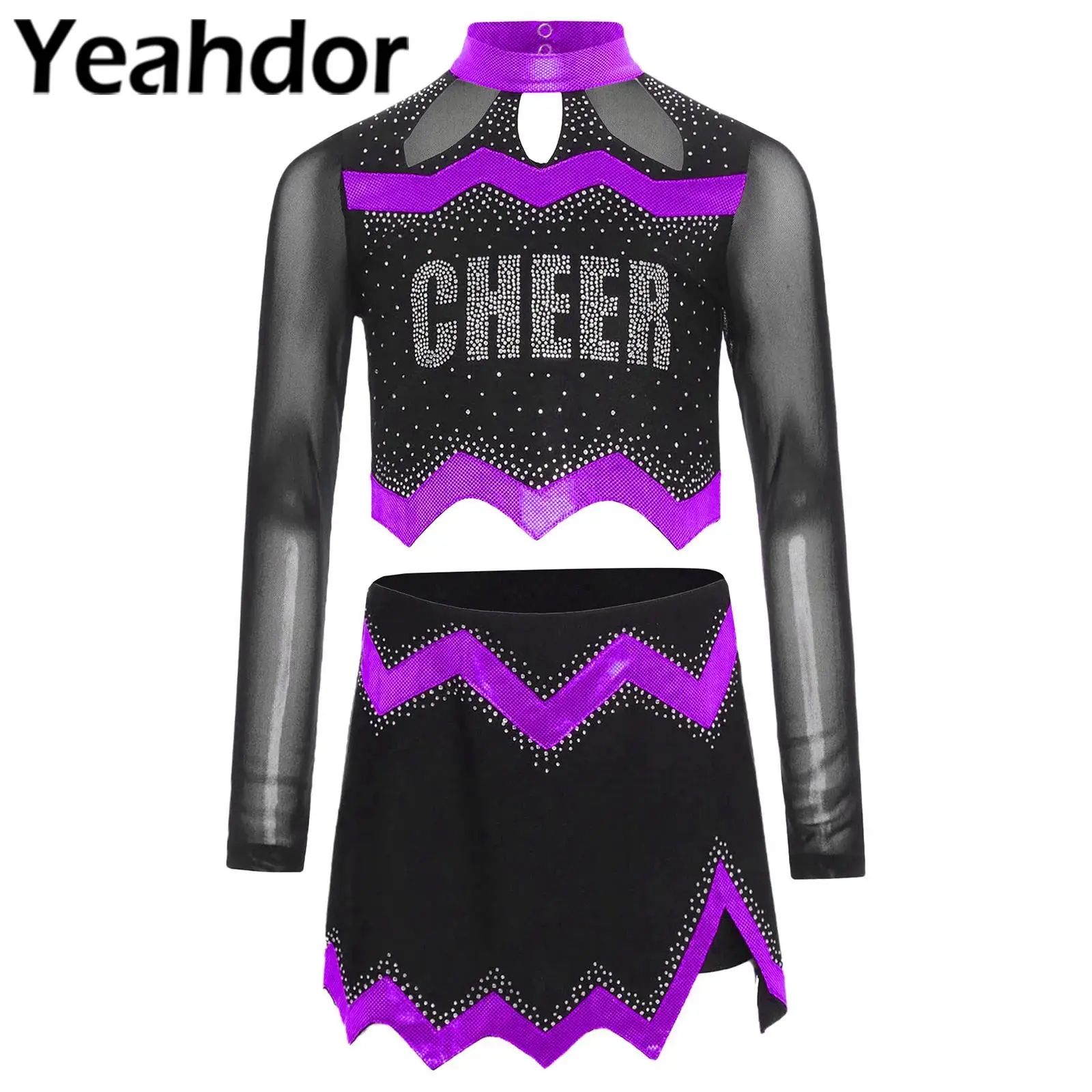 

Kids Girls Cheerleader Costume Long Sleeve Cheerleading Dance Uniform Student Rhinestone Crop Top with Dance Skirt Party Costume