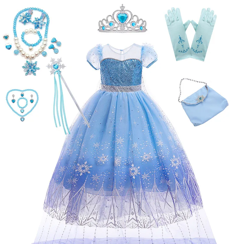 Elsa Costume For Girls Snow Queen Ball Gown Blue Sequined Mesh Carnival Party Birthday Princess Costumes 3-10Years