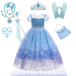 Elsa Costume For Girls Snow Queen Ball Gown Blue Sequined Mesh Carnival Party Birthday Princess Costumes 3-10Years