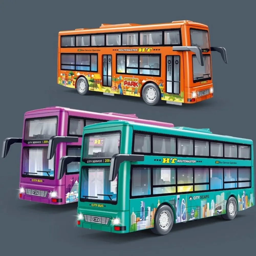 Light Music Double Decker Bus Model Open the Door Friction Powered Pull Back Vehicles Toy Inertial Die Cast