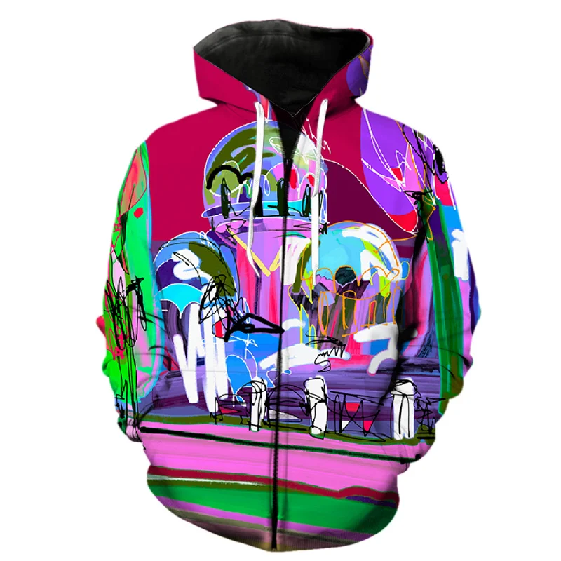 Abstract 3D Printed Art Graffiti Zipper Hoodie For Men Spring Hip Hop Teens Long Sleeve Tops Streetwear Harajuku Sweatshirts