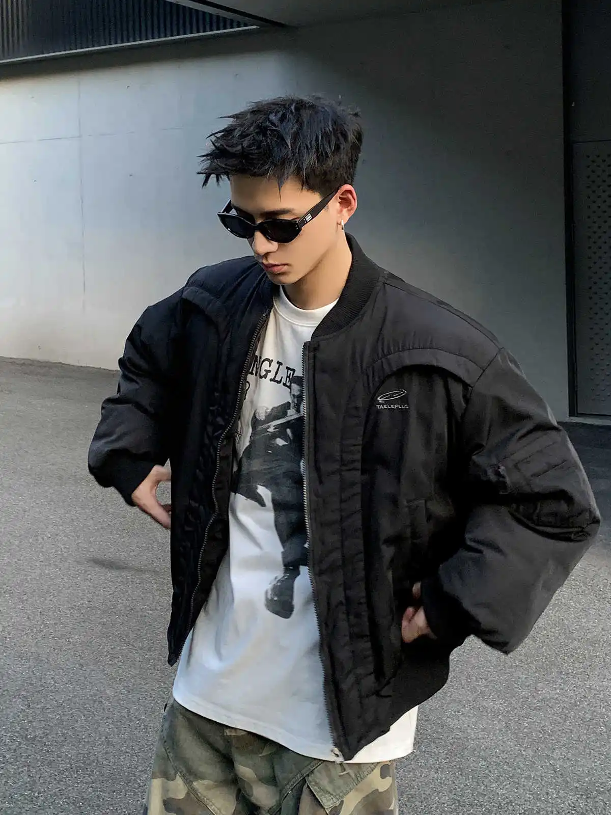 

PLTH Winter Thiened ort Flight Jaet Deconstructed Arc Design Warm Baseball Cotton Clothes Casual Youth Faion