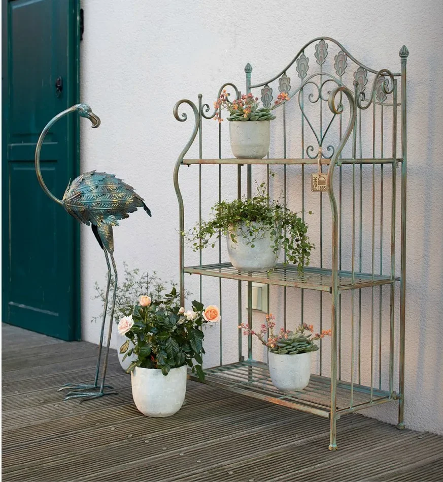 French style rural vintage iron art, dark green vintage cast iron flower rack storage rack