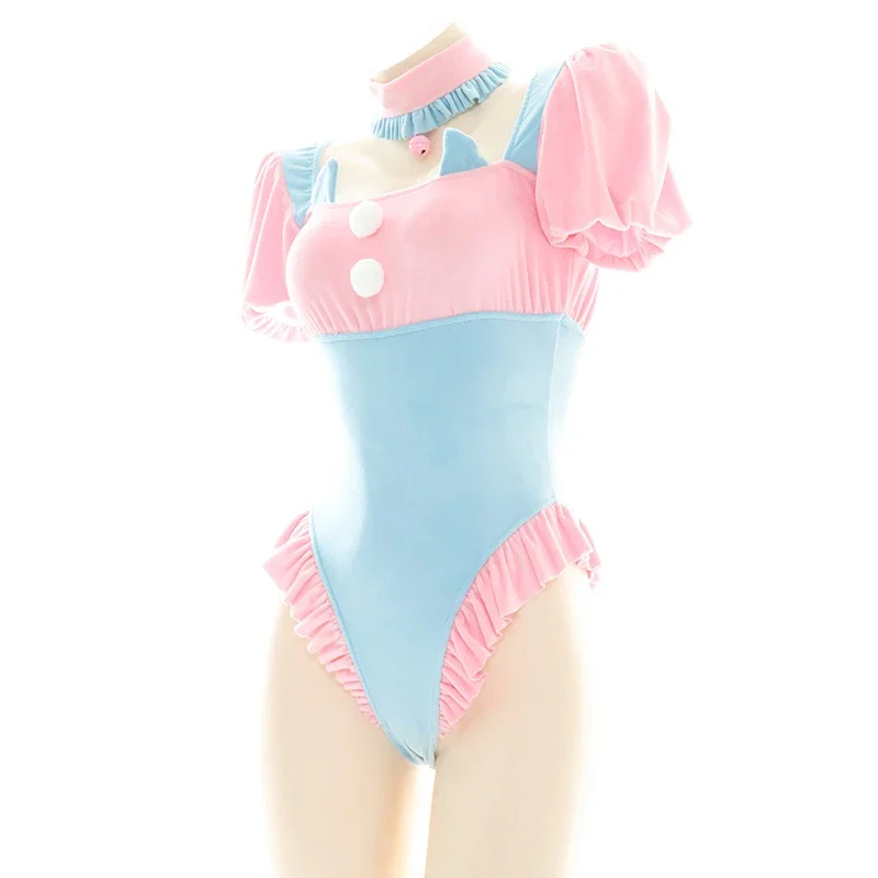 Lolita Blue Pink Puff Sleeve Bodysuit Cute Cat Ears Ruffle Swimwear Japanese School Girl Cosplay Sukumizu Maid Uniform Drop Ship