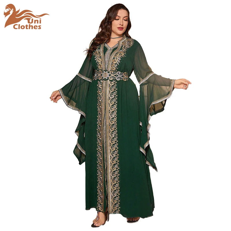 

UNI Women Plus Size Maxi Dresses Decal Drill Heavy Industry Dress Dubai Turkey Fashion Open Abaya Vestidos Muslim 2 Piece Set