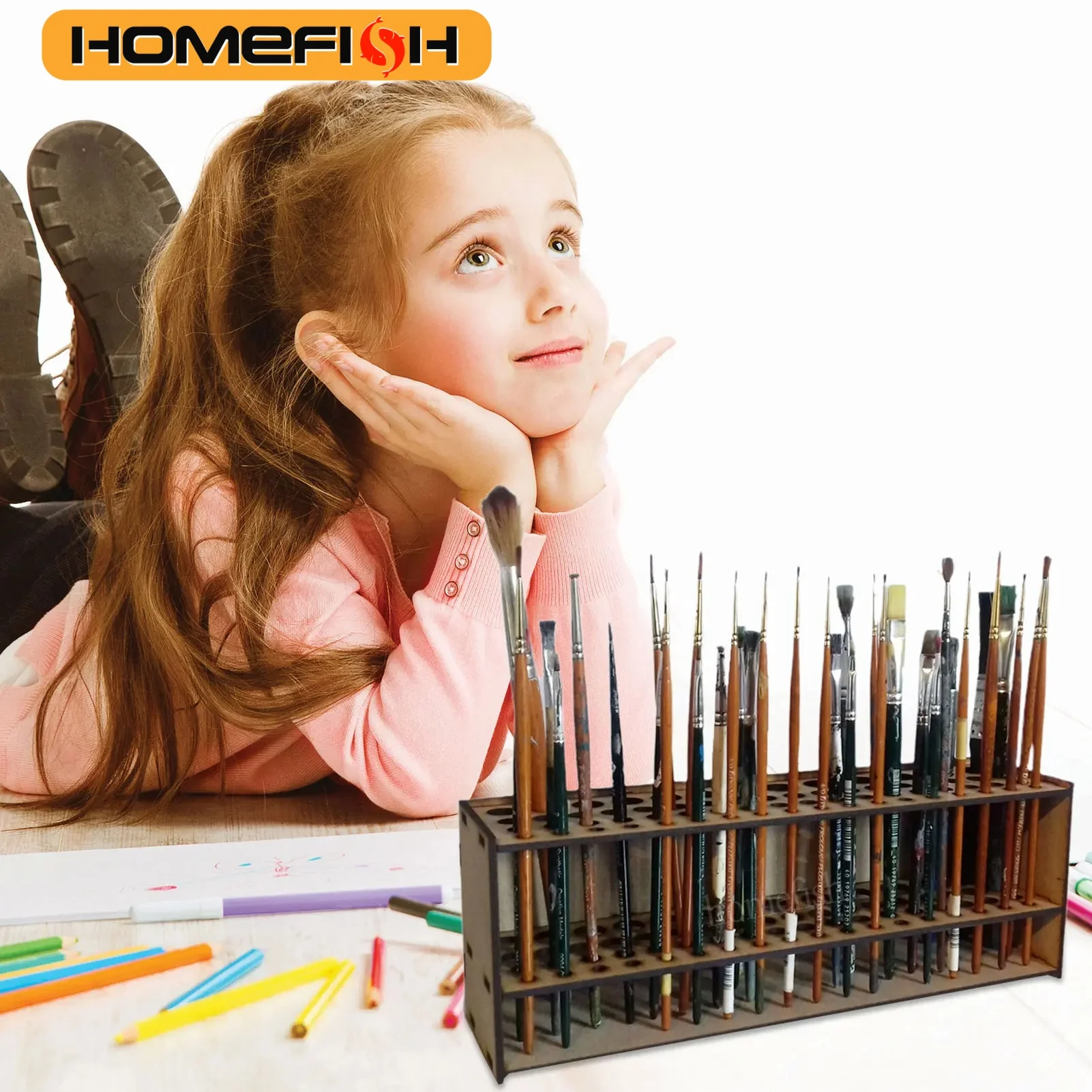 67 Holes Paintbrush Holder Stand Wooden Paint Brush Stand Desk Organizer Wall Mounted Makeup Brush Shelf For Painting Supplies image 2