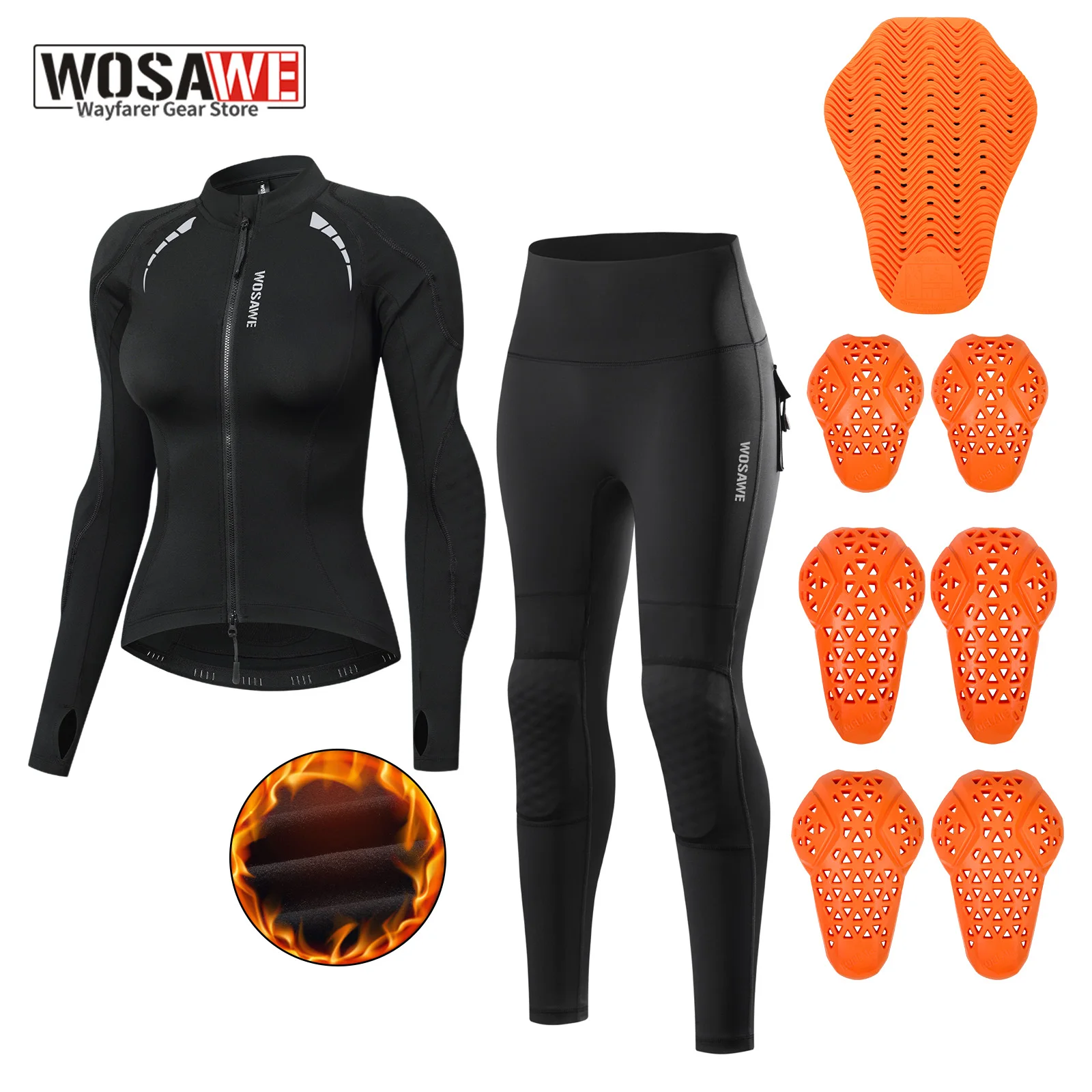 WOSAWE Women Motorcycle Riding Gear Set Fleece Lined Jacket  High Waist Pants with 7 Removable Pad Inserts Winter Thermal Suits