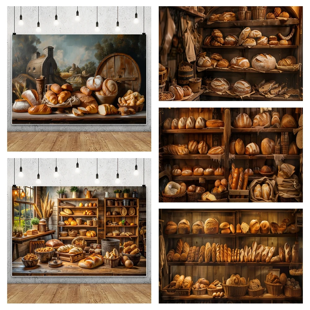 Rural Vintage Kitchen Photography Background Brown Wooden Cabinet Bread Donut Fruits Melons Kids Portrait Backdrop Photo Studio