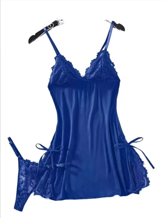 lace trim sleep dress porn Thin Style G-string Contrast Ruffle Lingerie Set Deep V Slip Thong Women's Sexy Lingerie Lencera Mujeres SURI Transparent Red Lace Nightdress
