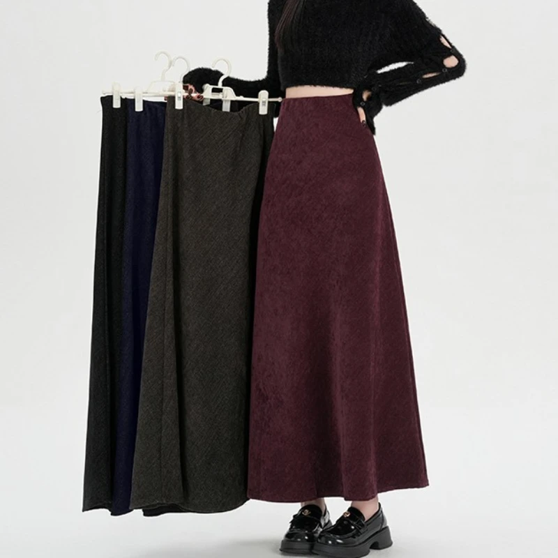 

Осень-зима, женские вельветовые юбки трапециевидной формы с высокой талией, новинка 2025, винтажные шерстяные повседневные свободные длинные юбки-зонтики, женские