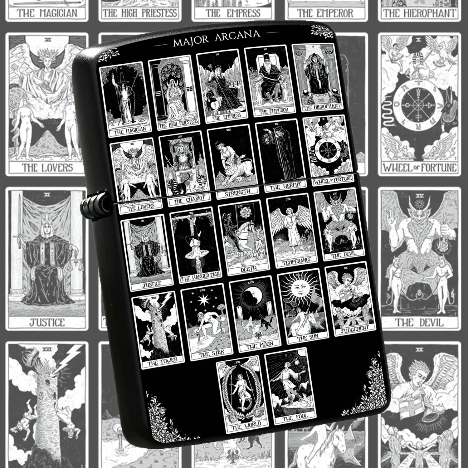 Vintage Black White Tarot Major Arcana Full Pattern Windproof, Retro Mystical Custom Print Durable Housing Pocket, Unique Creative Tarot Themed Igniter For Tarot Enthusiasts Daily Use Gifting A Fun And Humorous Lighter
