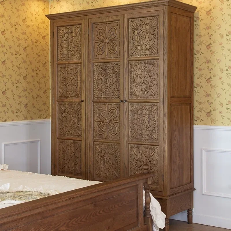 American country solid wood carving flower three doors four doors wardrobe retro pastoral adult bedroom multi-functional storage