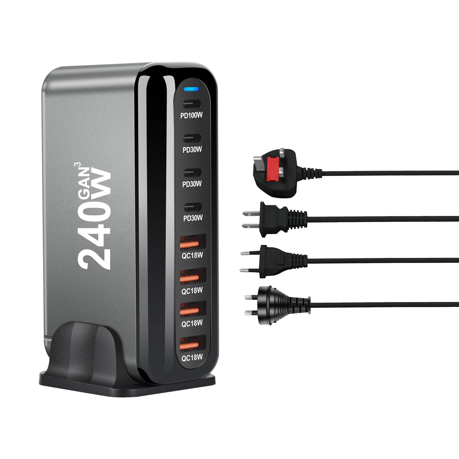 240W gallium nitride PD charger 8 ports cross-border 240W oil injection silver PD adapter 240W charger