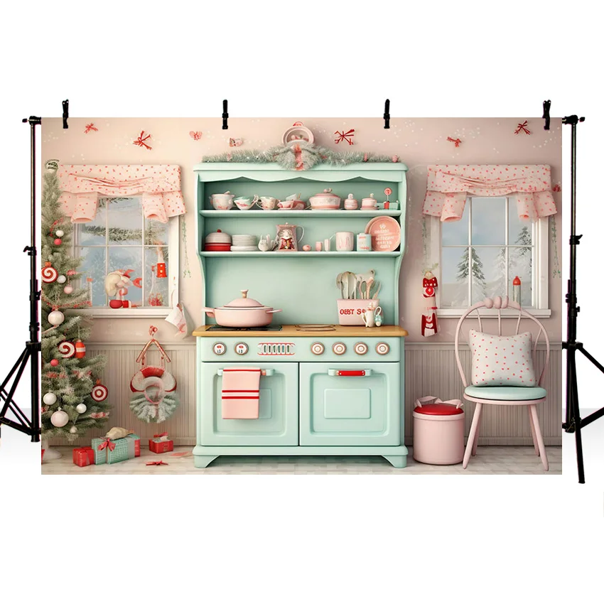 Mehofonds latar belakang dapur Natal Modern anak-anak liburan pesta alat peraga fotografi hijau lemari peralatan masak dekorasi latar belakang foto