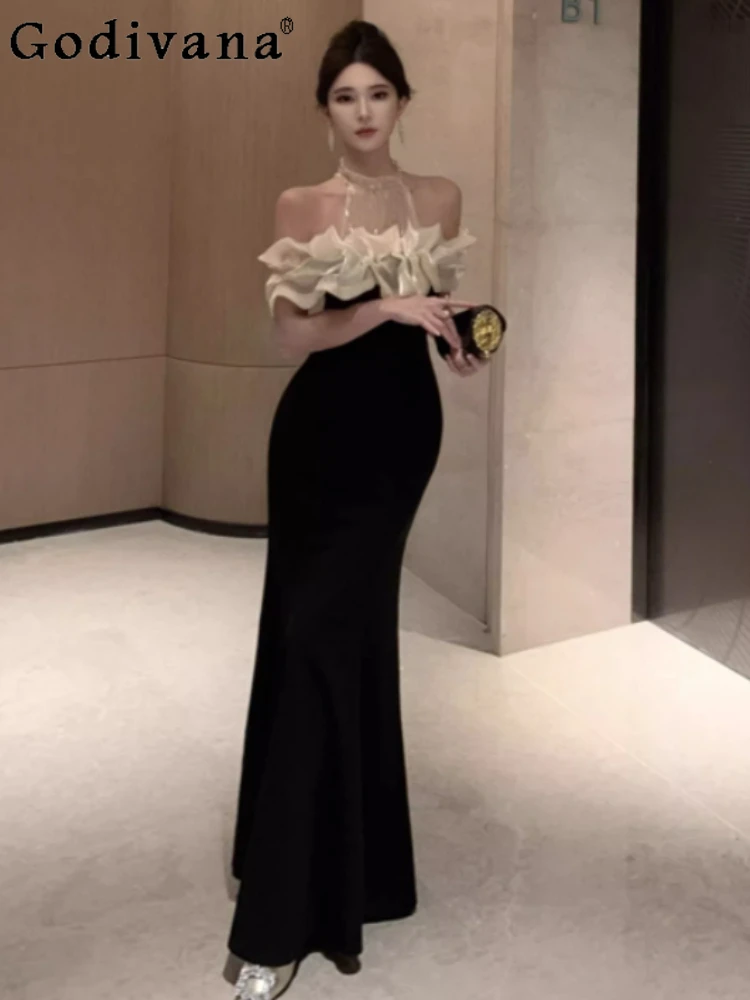 

Female Sexy Slash Neck Spring Autumn Velvet Banquet Birthday Dress Elegant High Waist Fashion Versatile Korean Fishtail Dresses