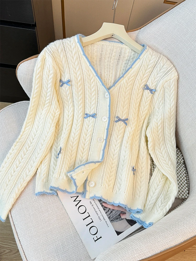 Gagarich Gentle Style Blue Bow Hollow Out Long Sleeved Knitted Cardigan Women Autumn Sweet V-neck Single Breasted Sweater Top