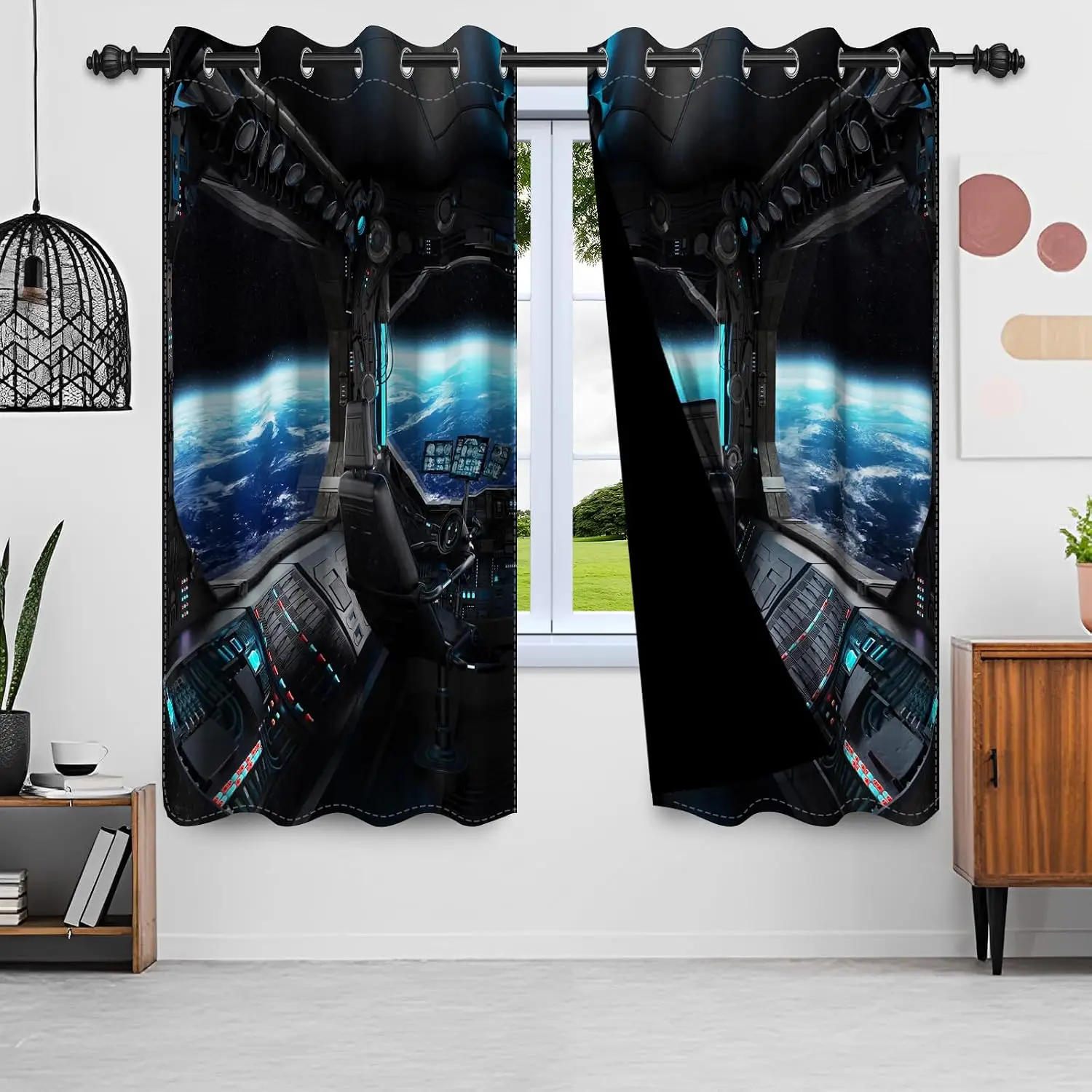 Luxurious SciFi Space View Curtain Window Treatment Polyester Galactic Abstract Decor Modern Futuristic Home Decoration Room Pan