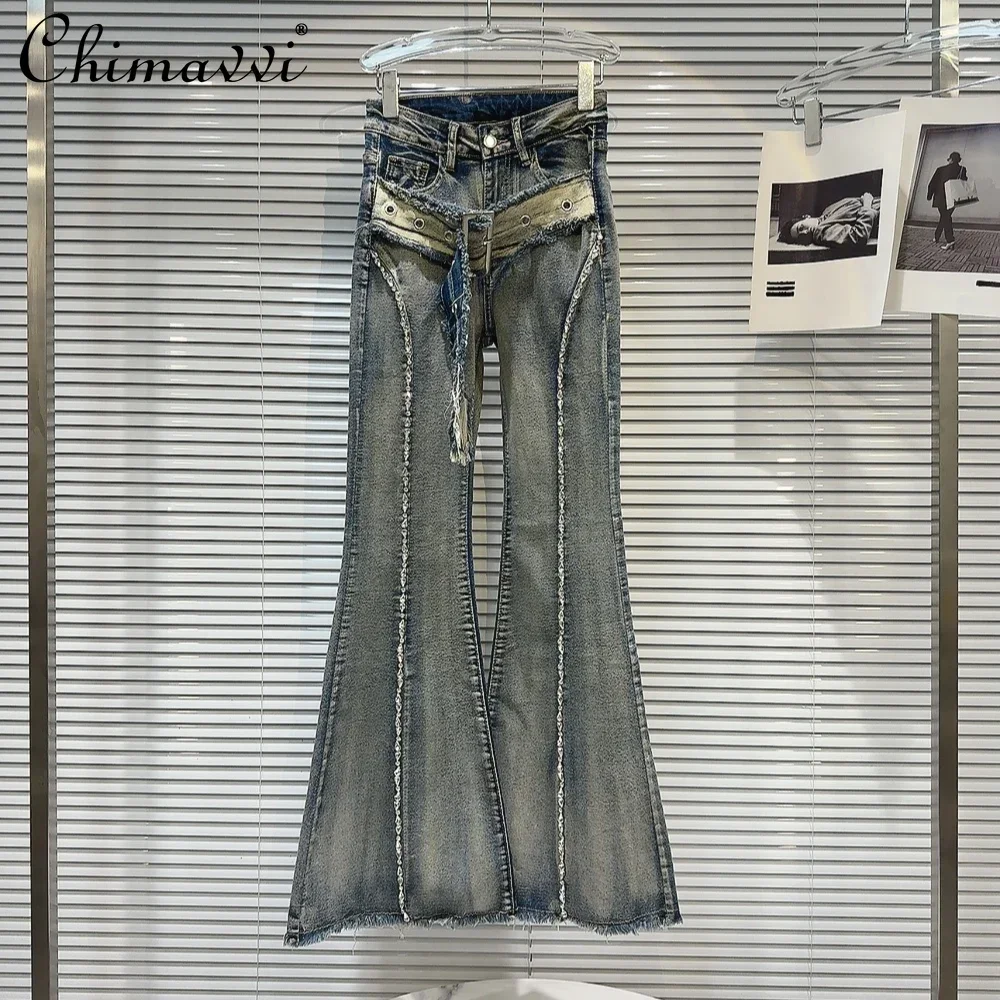 

American Retro Sexy Hot Girl Frayed Metal Buckle Belt Washed Worn High Waist Slim Fit Flared Jeans