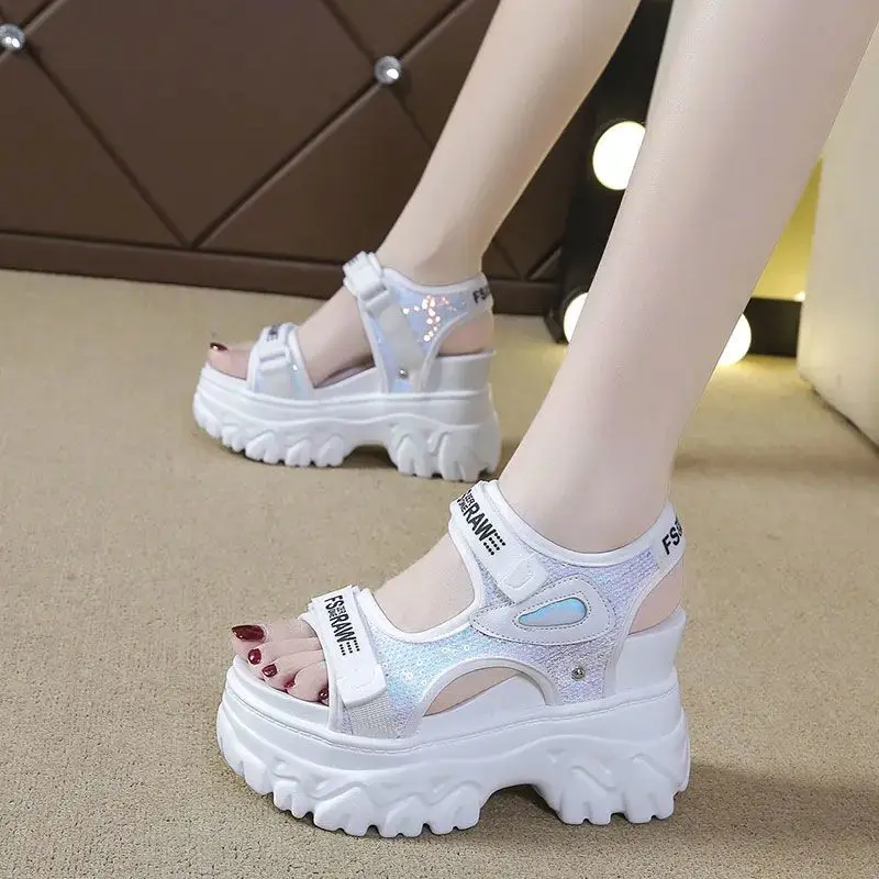 Women\'s Summer Sandals Wedges with High-heeled Sandals White Thick-bottom Fish Mouth Shoes New Internal Increase Shoe Cool Boots