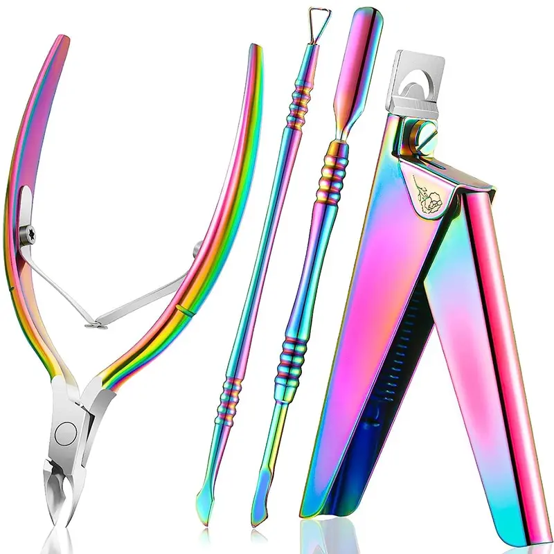 4 In 1 Acrylic Nail Clippers Scissors Manicure Tool Set Stainless Steel Nail Cutter Cuticle Pusher Trimmer Nipper Rainwbow Color