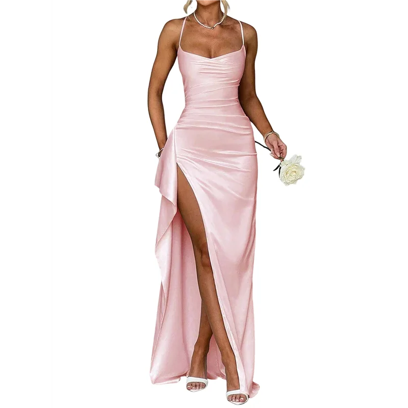

ABRT-Women's Ruffled Satin Spaghetti Strap Ball Gown Bridesmaid Dress Long