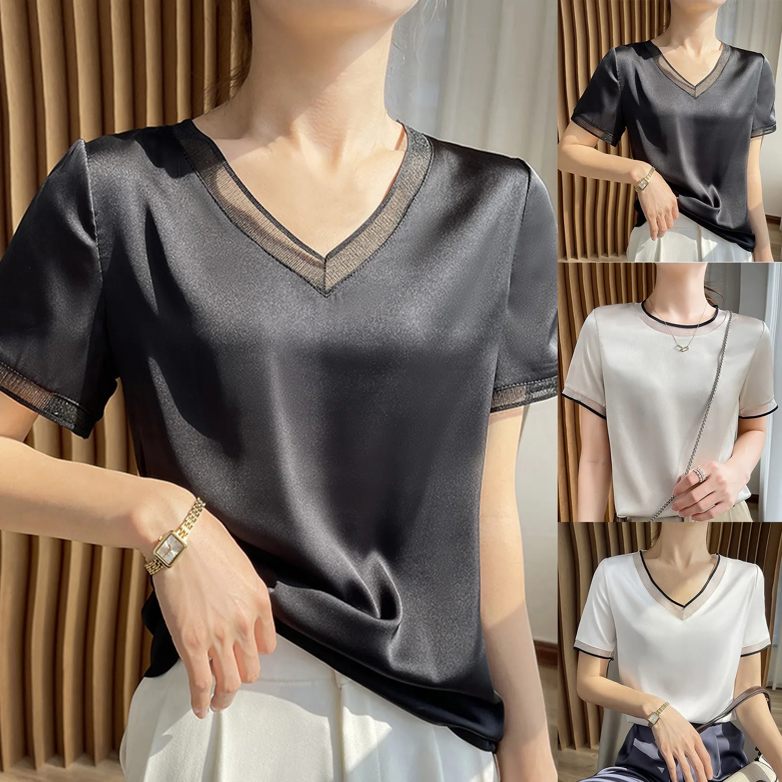 Summer Short Sleeve Women\'s T Shirt New Fashion Simulation Silk Satin Short Sleeve T Shirt Mesh Splicing V Neck Solid Color Tops