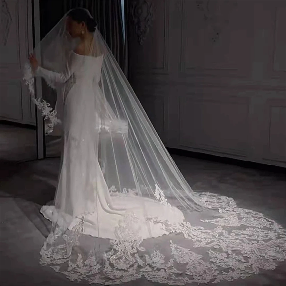 1 Tier Bridal Veil Ivory White Cathedral Mantilla Wedding Veil Long Floral Embroidery Veil Soft Tulle Lace Scalloped Veil