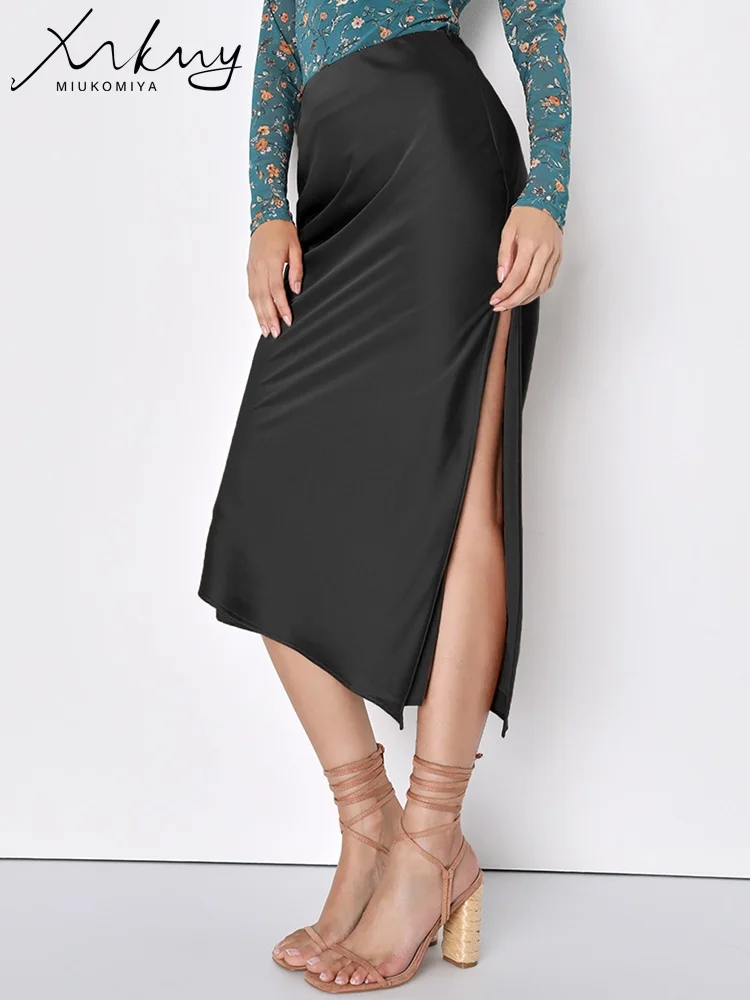 MiuKoMiYa Black Midi Asymmetrical Skirt For Women Elegant High Waist Satin Skirts With Slit Spring Summer Women's Skirt Luxury