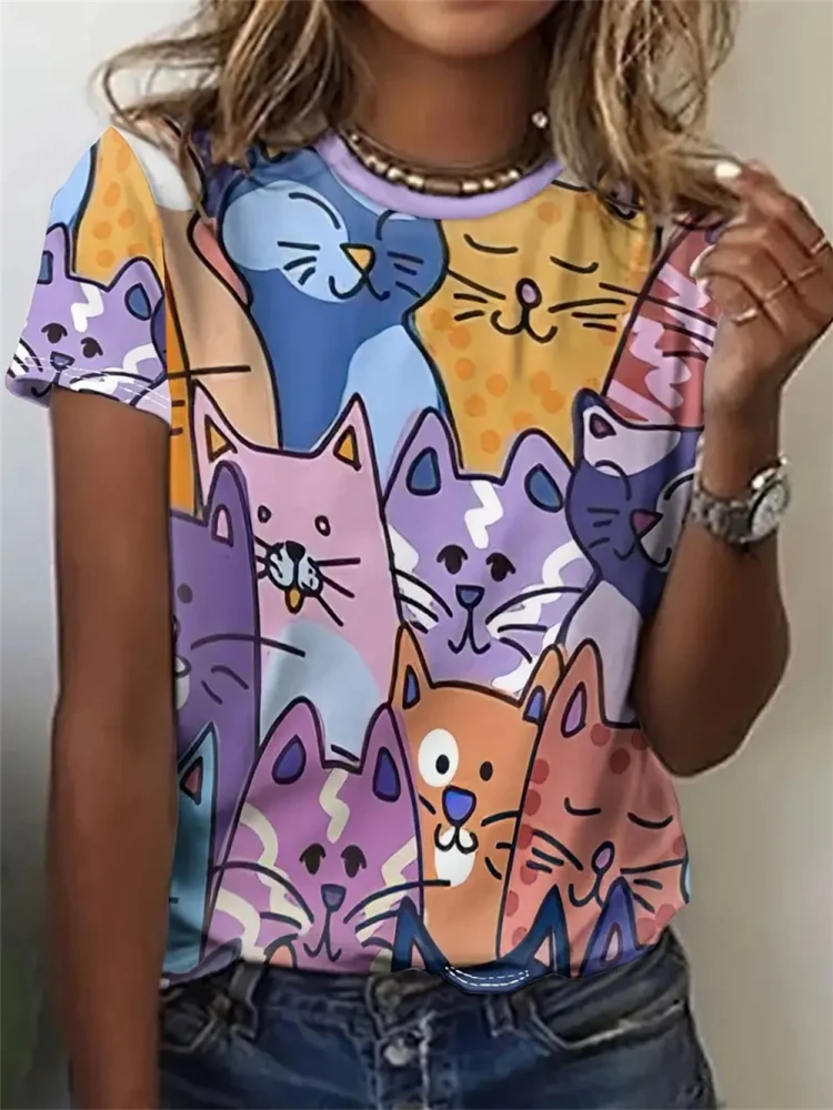 

2025 Summer Women's T-Shirt Casual Fashion Short Sleeve New Funny Cartoon Animal Cat 3d Print T Shirt For Women Daily Top Tee