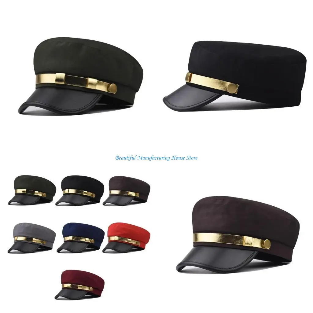 

E56A Unisex Adult Yacht Boating Ship Sailor Captain Hat Costume Hat Marine Cosplay Pu-leather Octagonal Hat