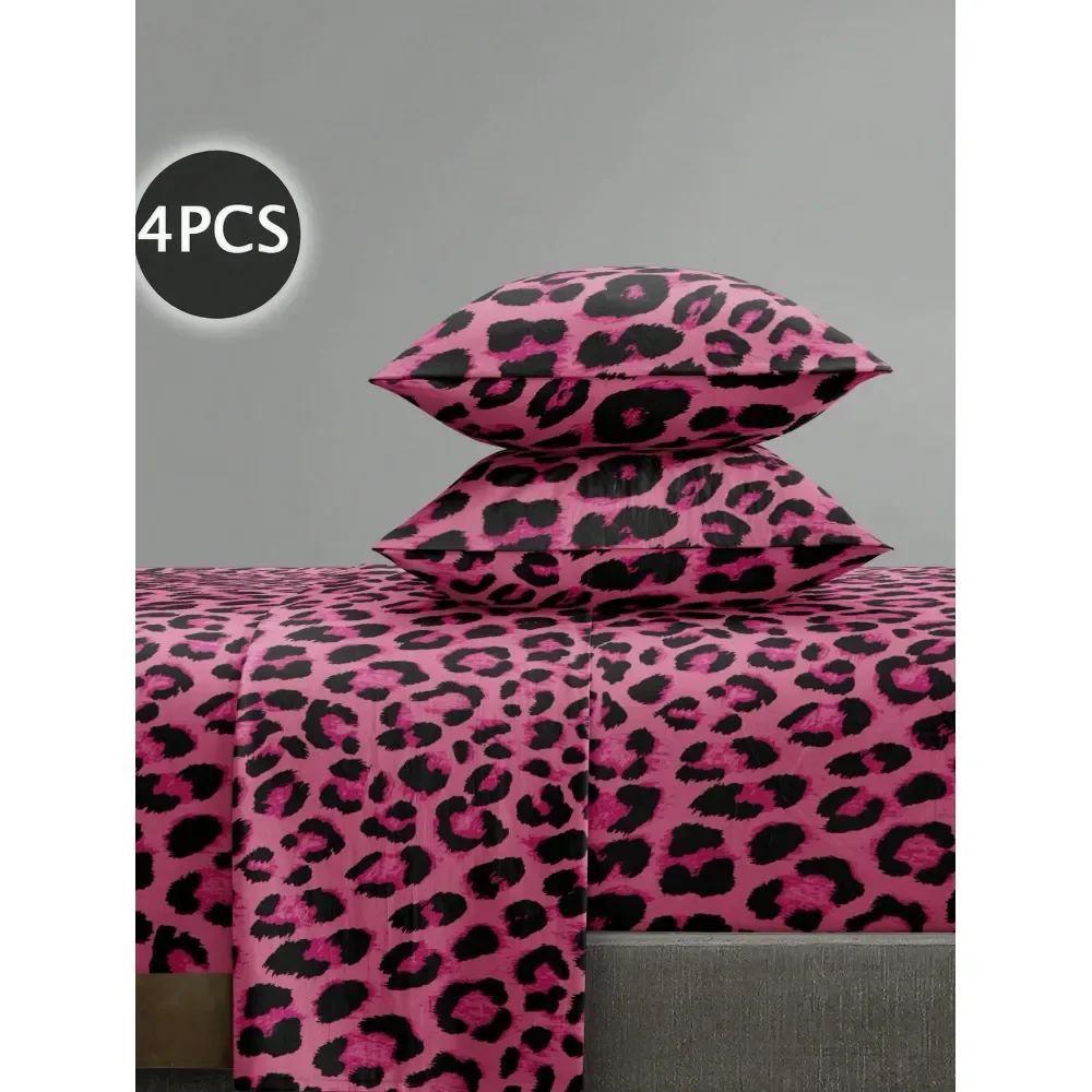Fuchsia Leopard Print Bedding Set, Soft Microfiber Bedding Set With Floral Pattern 1 Bed Sheet 1 Bed Skirt 2 Pillowcases, Fits T