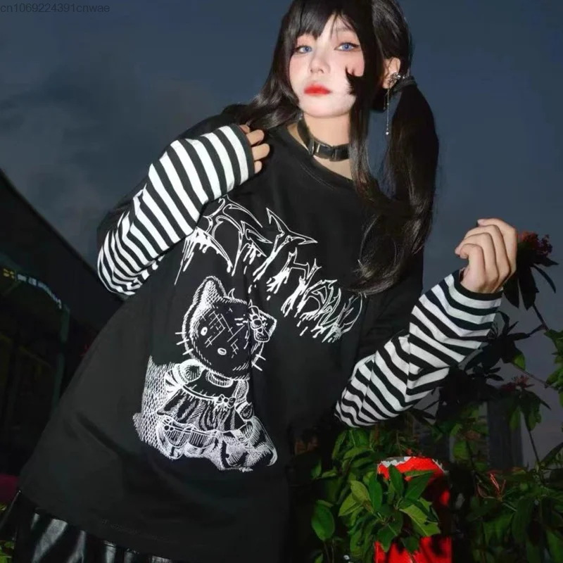 Sanrio Hello Kitty Y 2k Harajuku Stripe T-shirt Women's New Fake Two Piece Black White Long Sleeve Top 90s Vintage Gothic Shirts