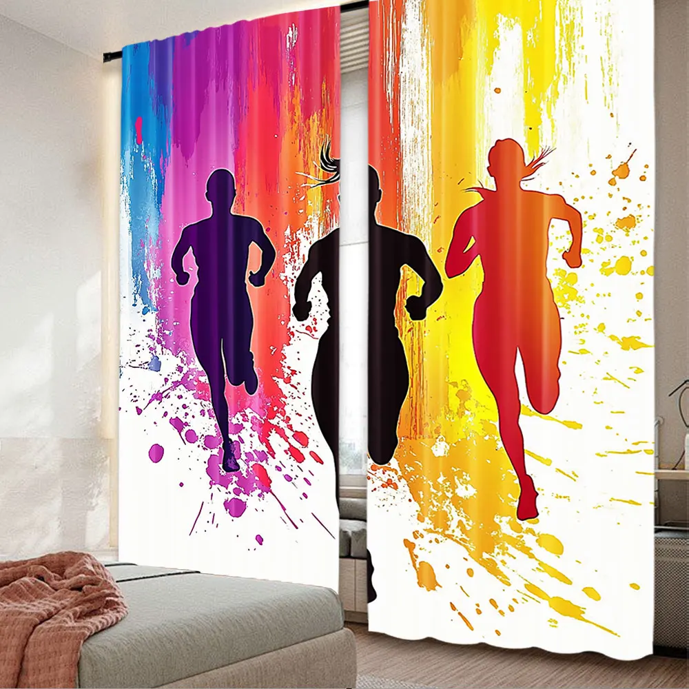 

2Pcs Fitness Curtain Runners Silhouettes On Watercolor Splashes Jogging Outdoors Sportsman Marathon For Bedroom Living Room And