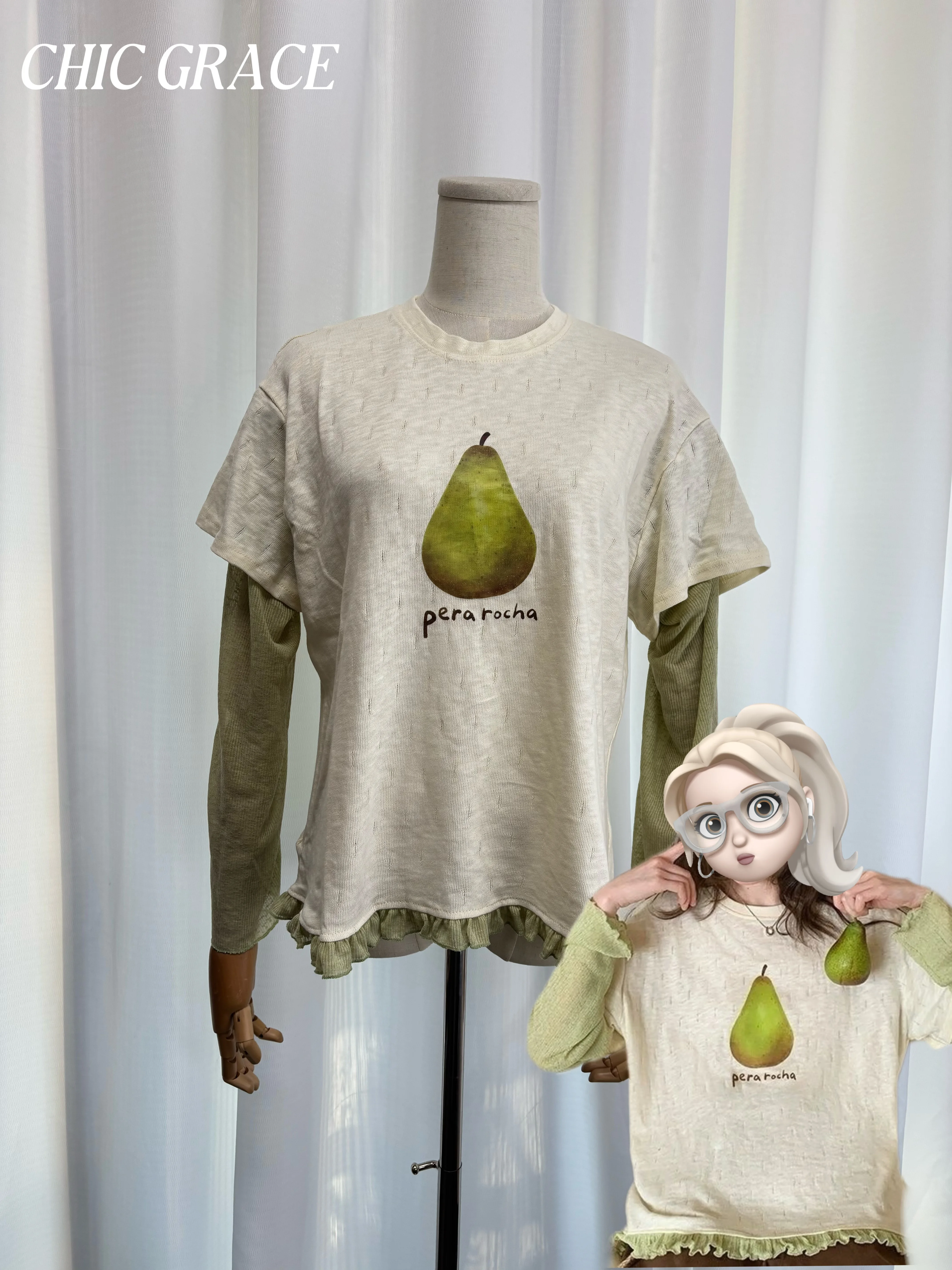 

Real shot Women's 2025 Summer Pear Print Crew Neck Fake Two-Piece T-Shirt Cute Commute Style Versatile Niche Double-Wear Short S