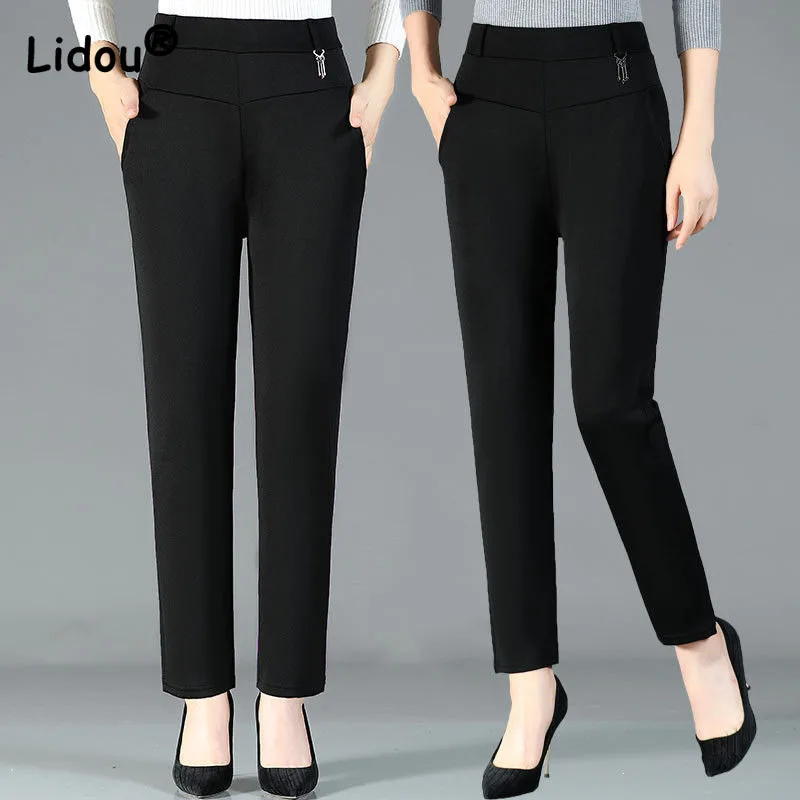 High Waist Trousers for Middle-aged Elderly Women Loose Straight Plus Size Three-dimensional Decoration Chain Black Ankle-length