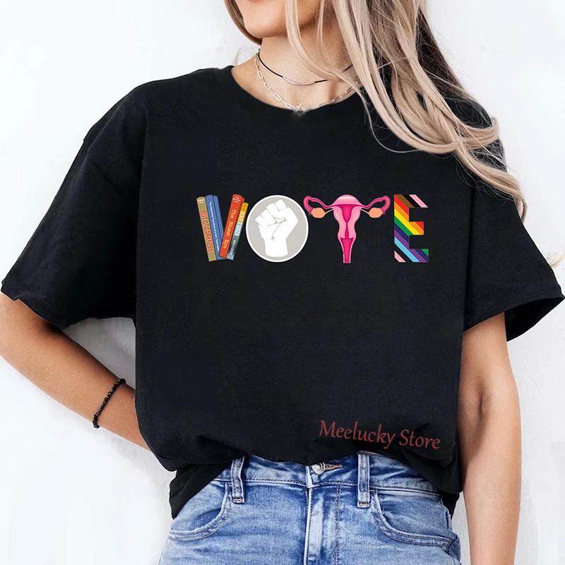 

Women's T Shirt 100% Cotton Short Sleeve T-shirt Vote Banned Books Reproductive Rights Election Print Graphic Tees Female Tshir