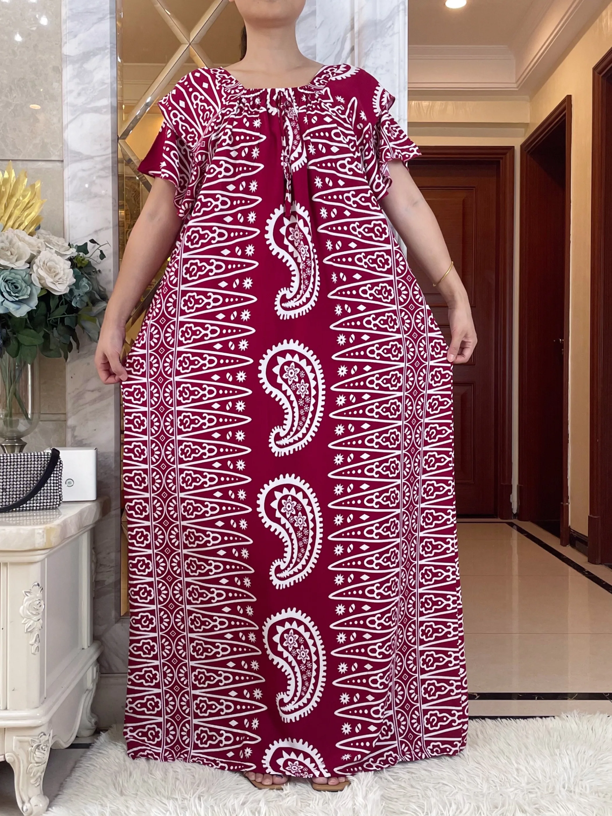 Autumn Party Dubai Short Sleeve African Women Dresses  With Big Scarf  Printing  Cotton Elegant Summer Maxi Casual Loose Abaya