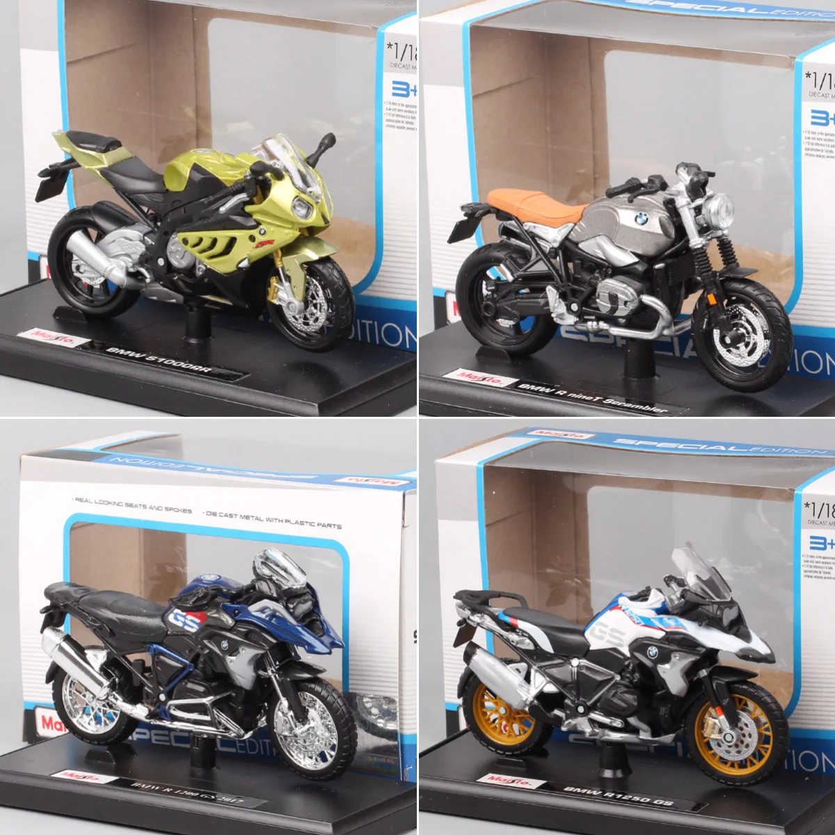 Kids Maisto 1/18 Scale R NineT Scrambler R1200GS R1250GS S1000RR C1 Diecast Motorcycle Model Racer Bike Moto Thumbnails Vehicles