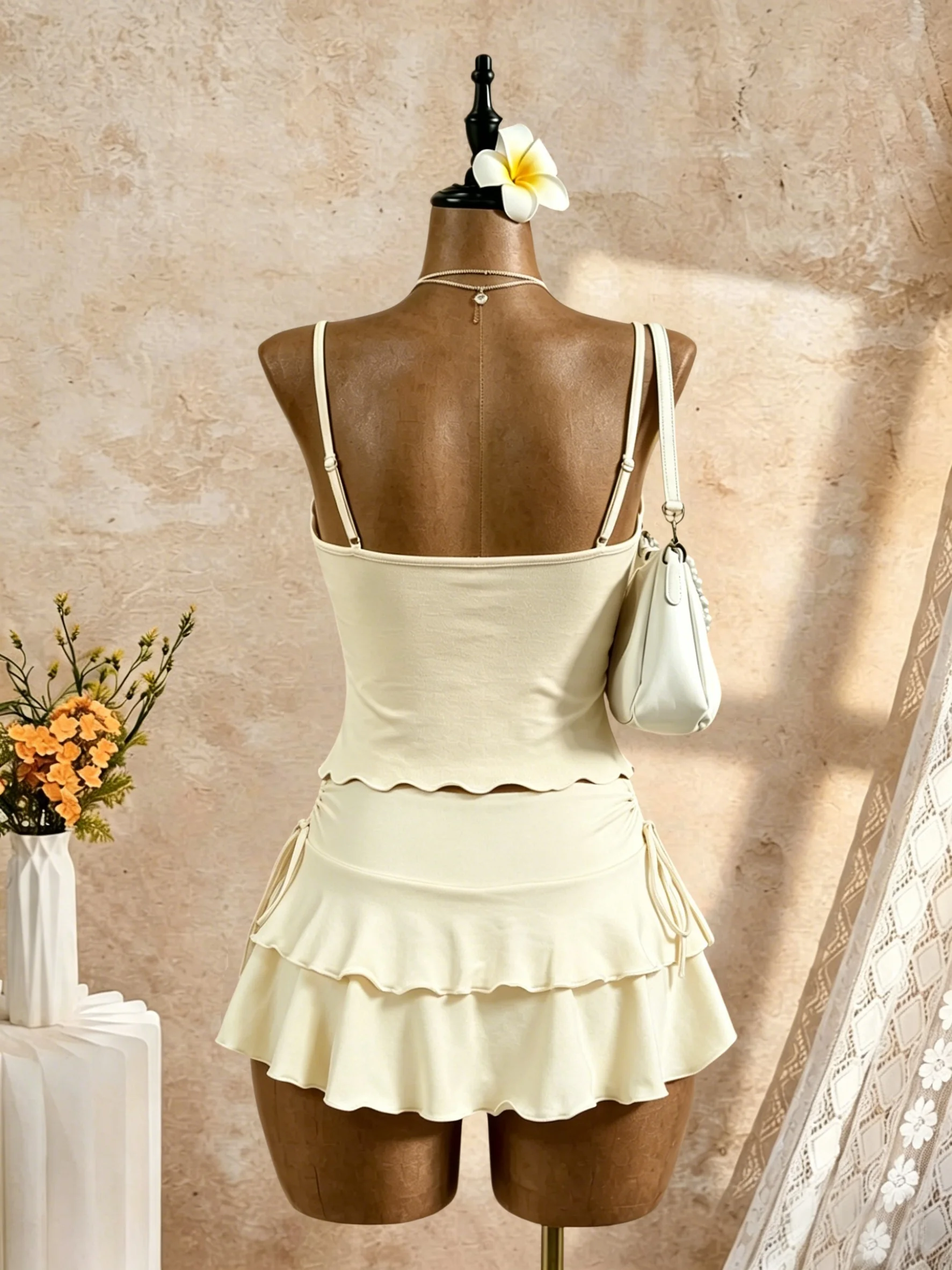2 Pcs Women Spaghetti Strap Twist Cutout Cami Top Tiered Ruffle Mini Skirt Set Solid Cream White Slim Fit Summer Beach Vacation image 2