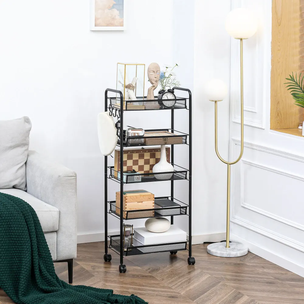 

HOMCOM 5 Tier Utility Rolling Cart, Metal Storage Kitchen Cart with Removable Mesh Baskets, for Living Room, Laundry,Black