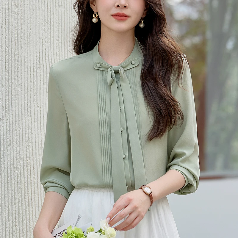 

Элегантные модные рубашки и блузки для женщин: офисные блузки с длинным рукавом и бантом, однотонные топы из 100% натурального шелка