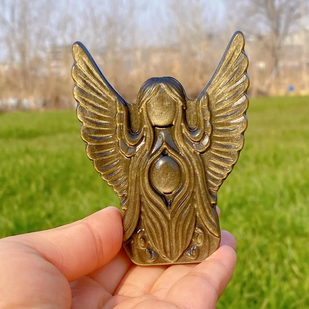

1PC Natural Golden Obsidian Angel Statue Model Carved Quartz Crystal Skull Reiki Angel Skull Statue Faith and Religious FengShui