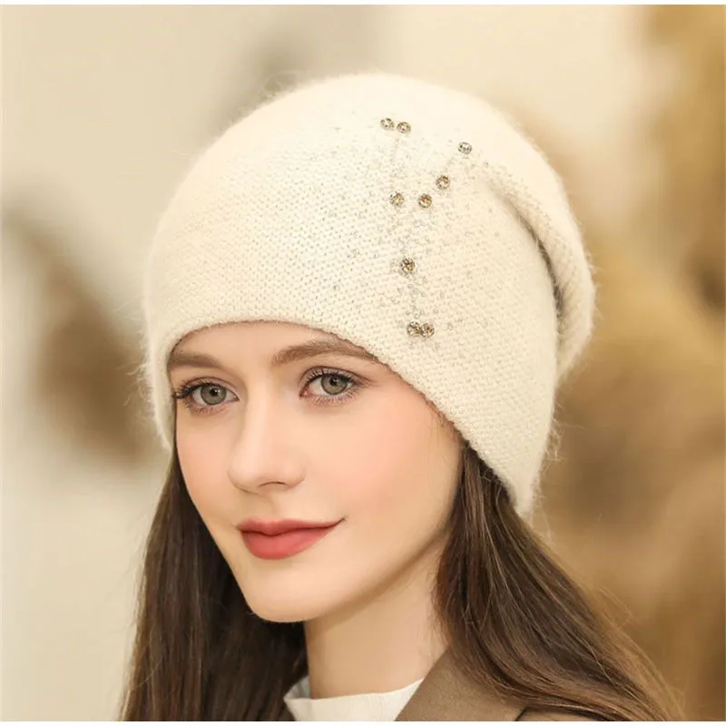 Hot Sale Women Winter Hat Decorate Beanie Hat Rabbit Fur Blend Winter Dandy Cap Female Casual Streetwear Knitted Hat 2025