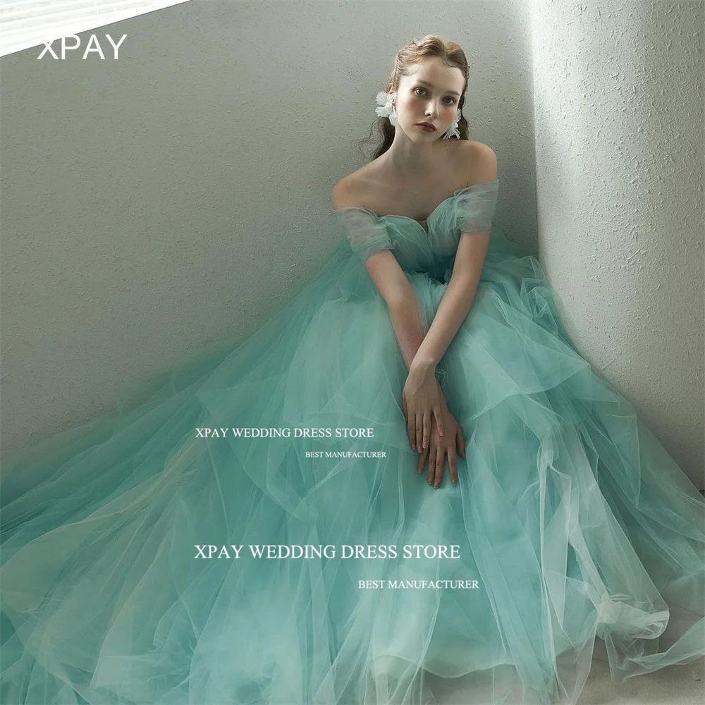 

XPAY Simple Sweetheart Korea Evening Dresses A Line Green Fairy Tulle Formal Gown Photo Shoot Off Shoulder Wedding Party Dress