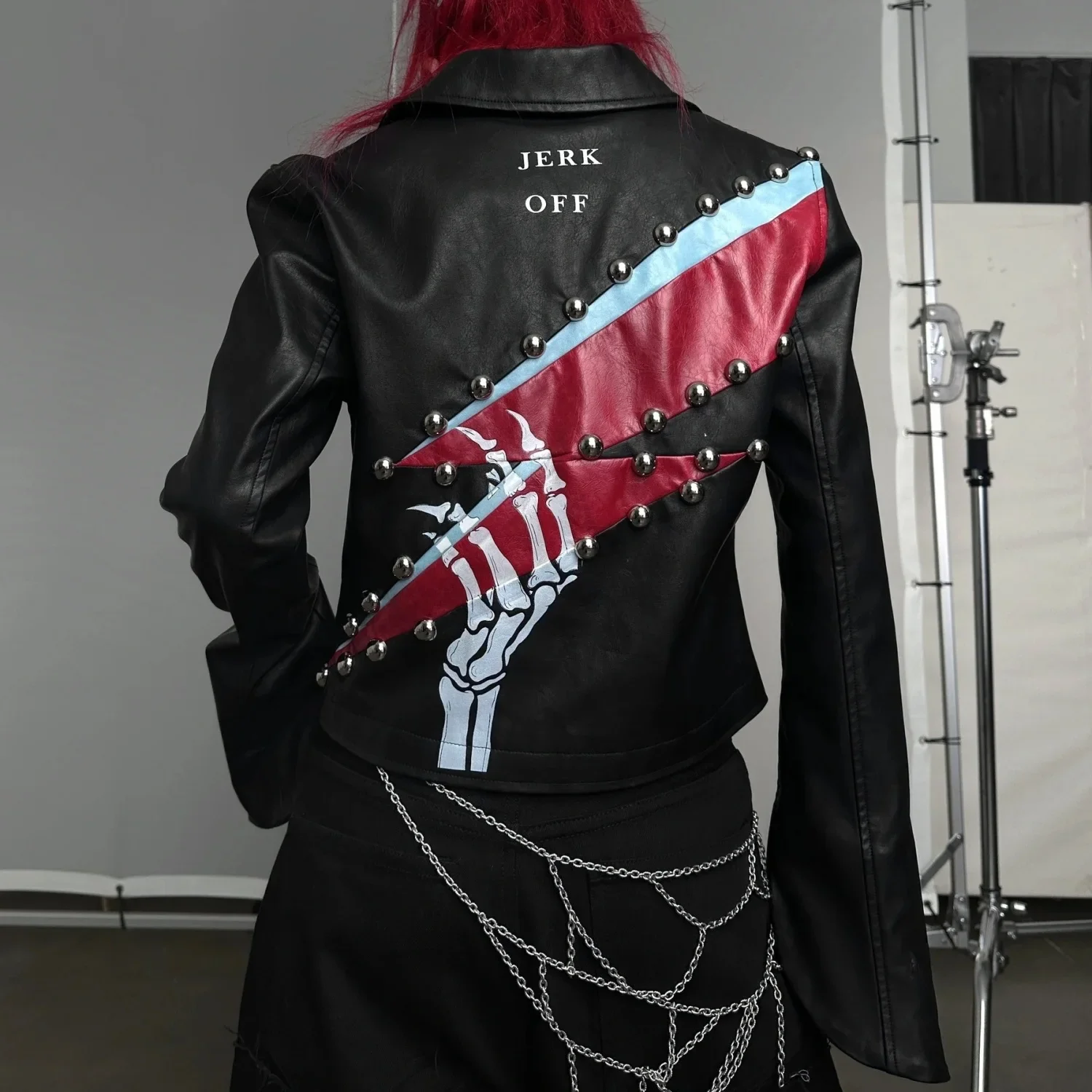 Heavy Industry Printed Piece Contrast Splicing Horn Sleeve Leather Jacket Slim Design Coat winter clothes women harajuku coats